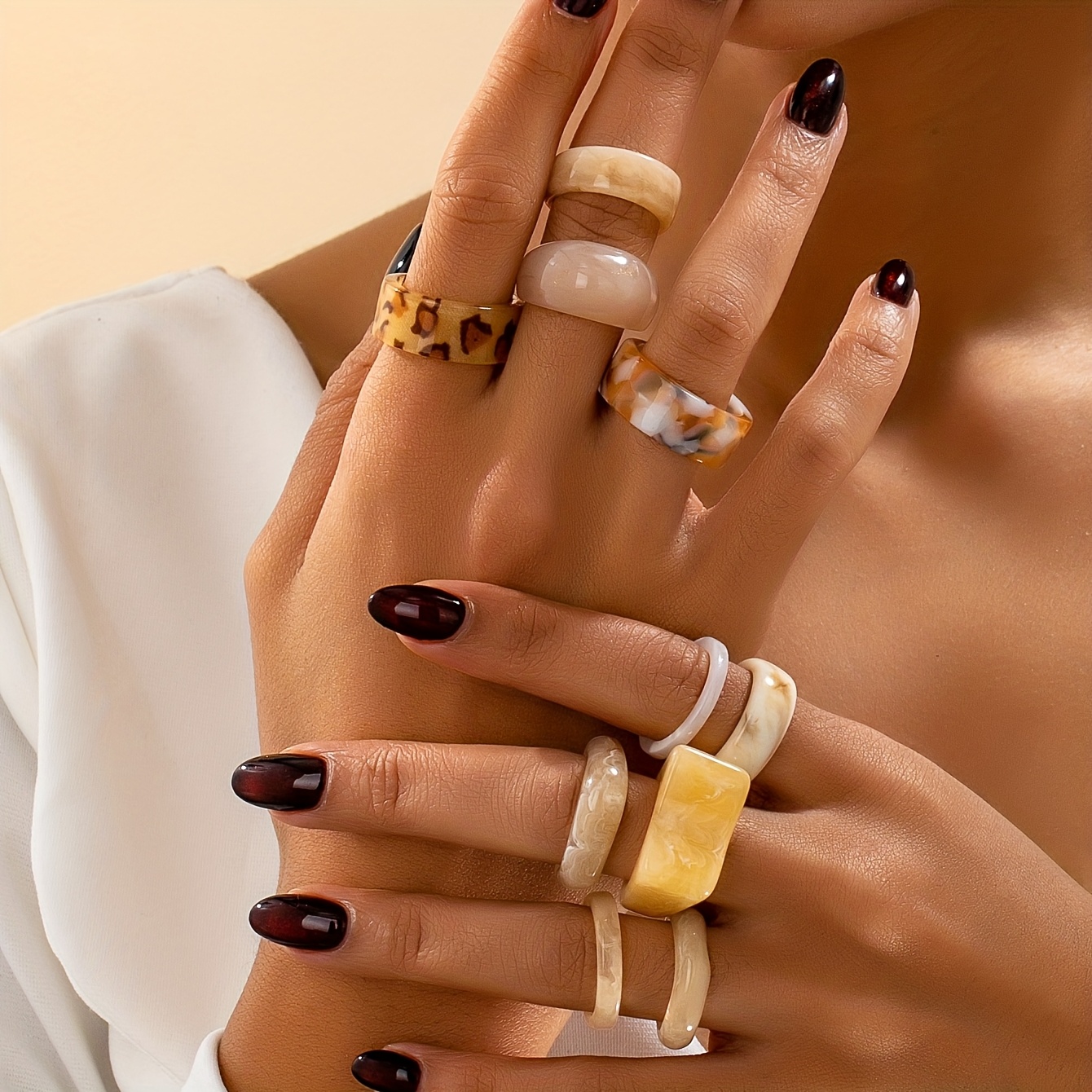 10pc Bohemian Style Fresh Pastel Resin Ring Set